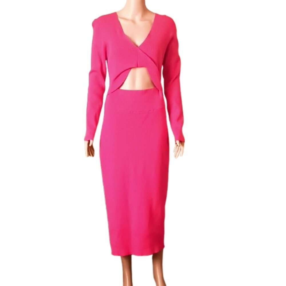 Ribbed Cutout Bodycon Midi Dress XL Fuchsia V Neck Long Sleeved Fitted Stretch